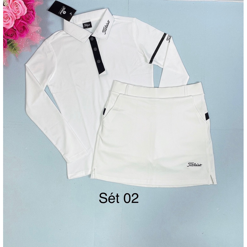 Sét áo dài tay và chân váy golf, tennis, cầu lông nữ xinh, thun co giãn, chât đẹp mịn.