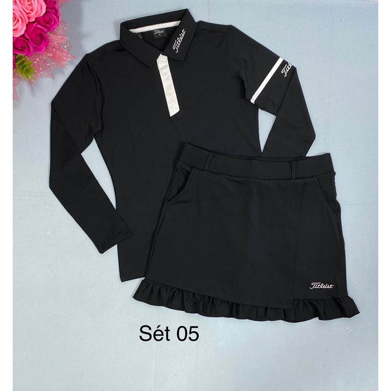 Sét áo dài tay và chân váy golf, tennis, cầu lông nữ xinh, thun co giãn, chât đẹp mịn.