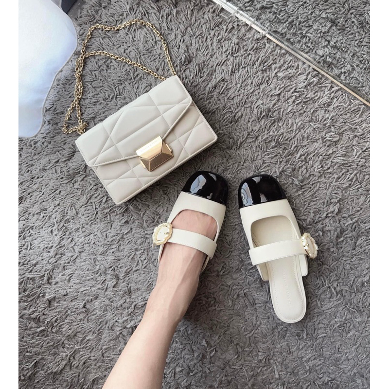 Giày sục búp bê Cnk quai ngang to đính hoa mũi bóng phong cách tiểu thư cá tính hàng Fullbox mới 2023 G03