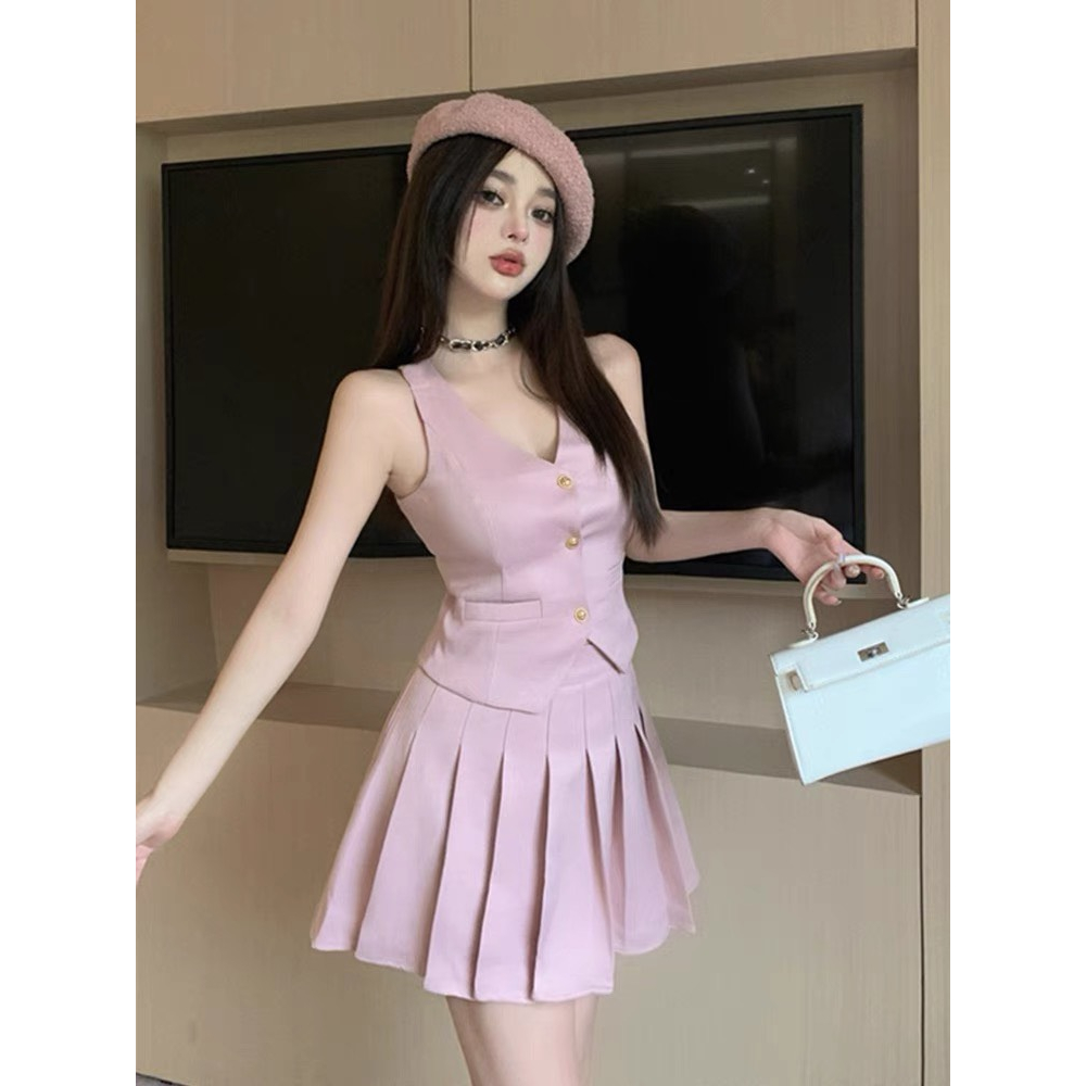 Set áo gile chân váy xếp ly xòe hai lớp hàng QC dày dặn hai màu đen hồng trẻ trung năng động sang chảnh đi làm đi chơi