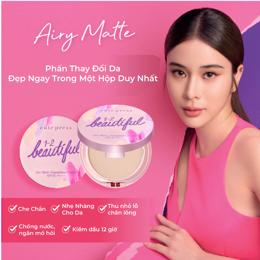 Phấn kết hợp kem nền Cute Press 1-2 Beautiful Airy Matte Foundation Powder SPF 30 PA+++