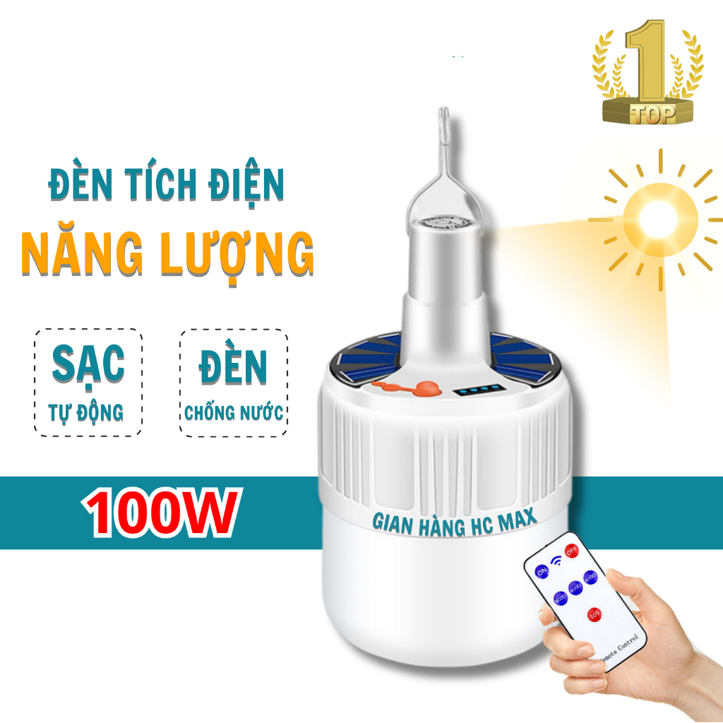 Bóng đèn tích điện năng lượng mặt trời 100w có điều khiển từ xa, Bóng đèn sạc tích điện có móc treo rất tiện lợi