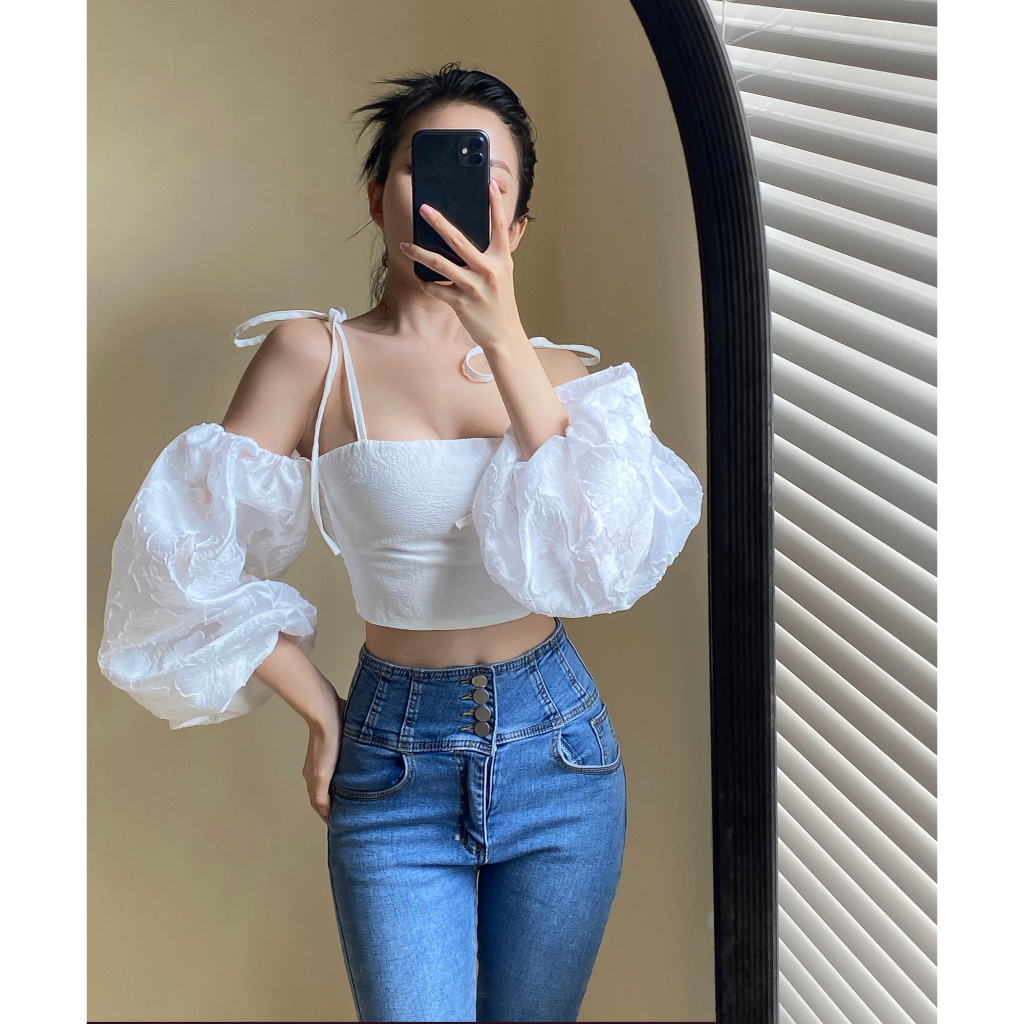 Áo croptop tay phồng hoa thêu - BANHBEO - MS.A0516