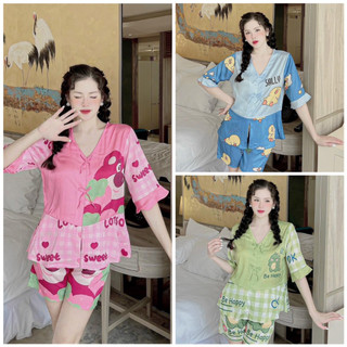 Bộ đồ nữ pijama cao cấp mặc nhà dễ thương lụa ngủ áo cộc quần đùi lanuta