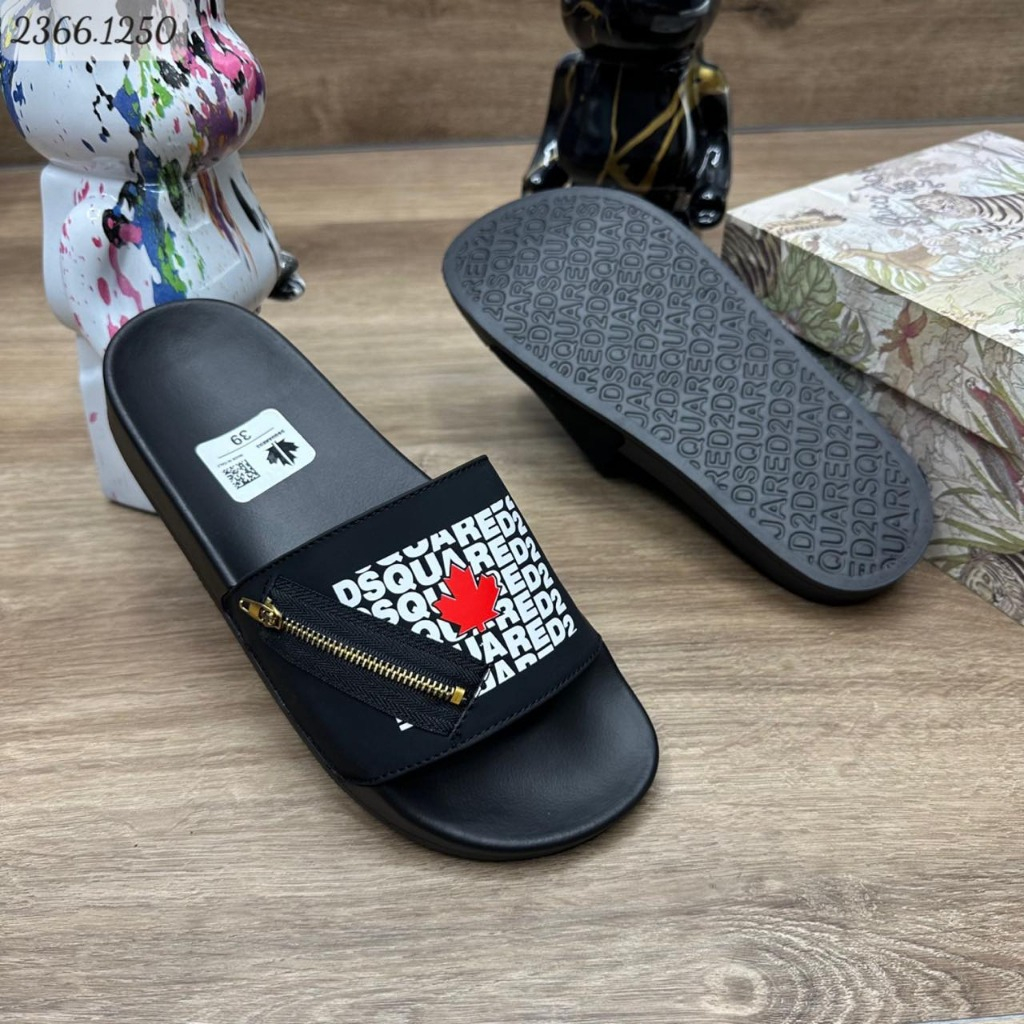 Dép lê quai ngang DSQ2 Khóa Chéo, DSQ Khóa Zip Lá Phong Đỏ Hàng nét chuẩn HOT HIT 2023