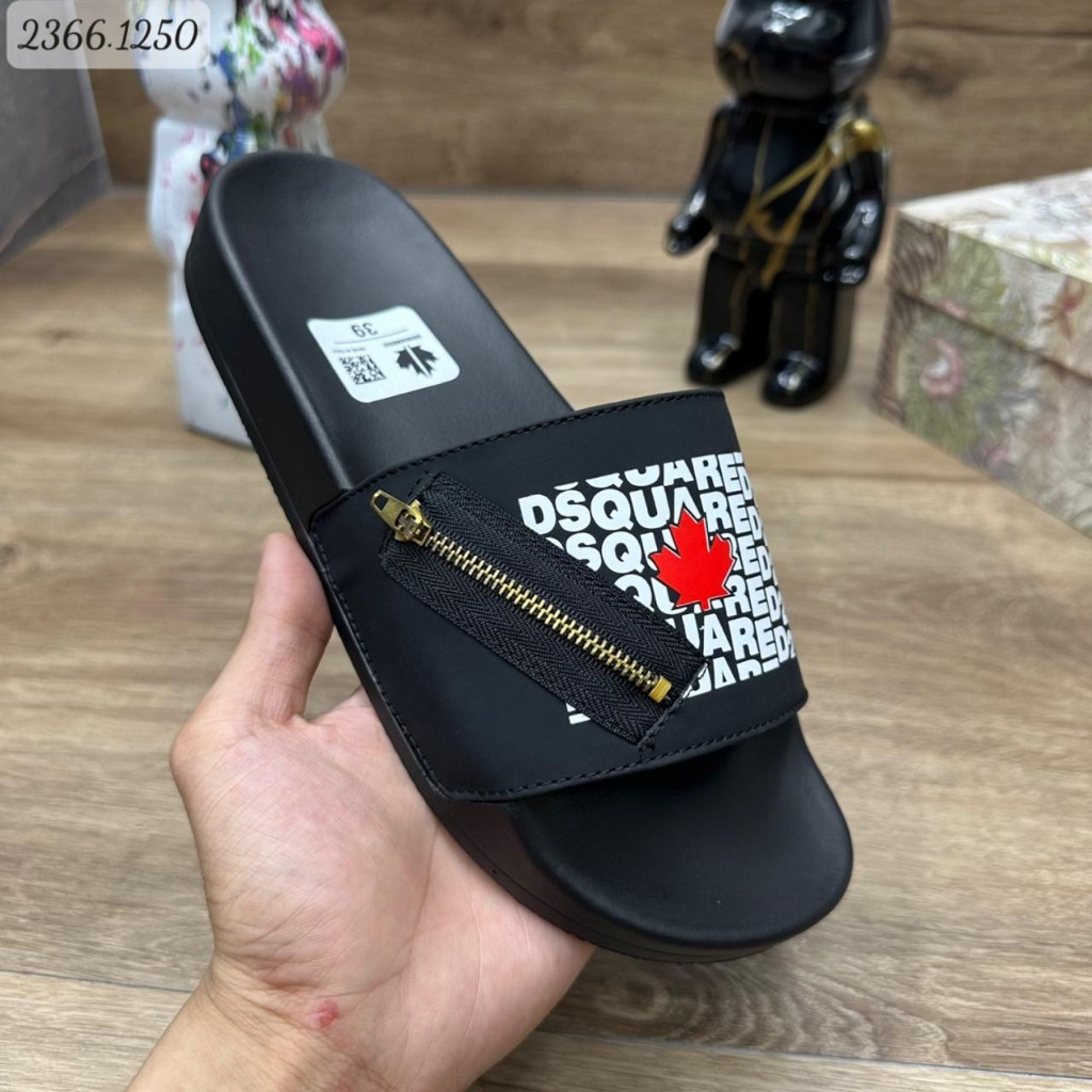 Dép lê quai ngang DSQ2 Khóa Chéo, DSQ Khóa Zip Lá Phong Đỏ Hàng nét chuẩn HOT HIT 2023