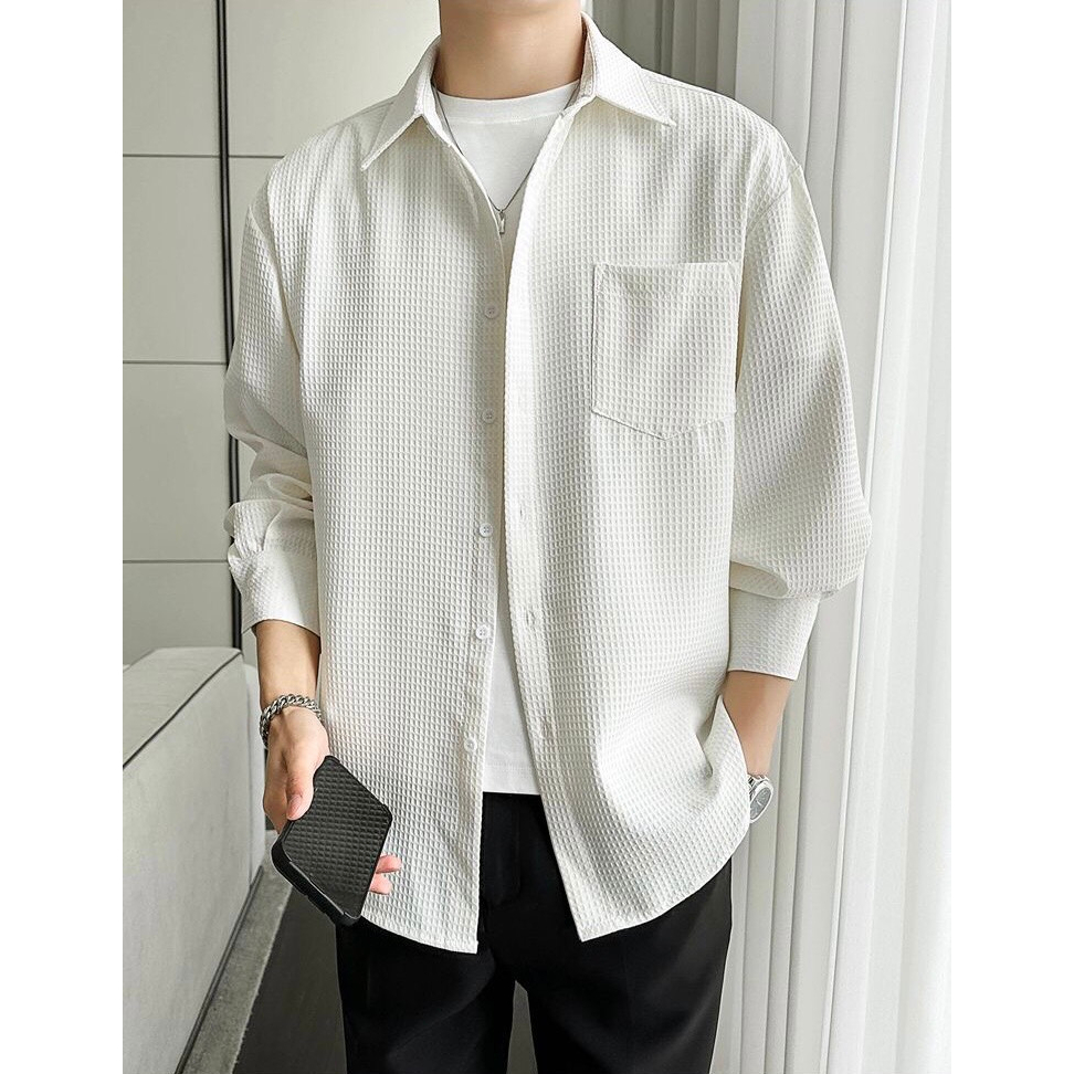 Áo sơ mi nam, áo sơ mi tổ ong dài tay Novanym vải cotton tổ ong phong cách Hàn Quốc