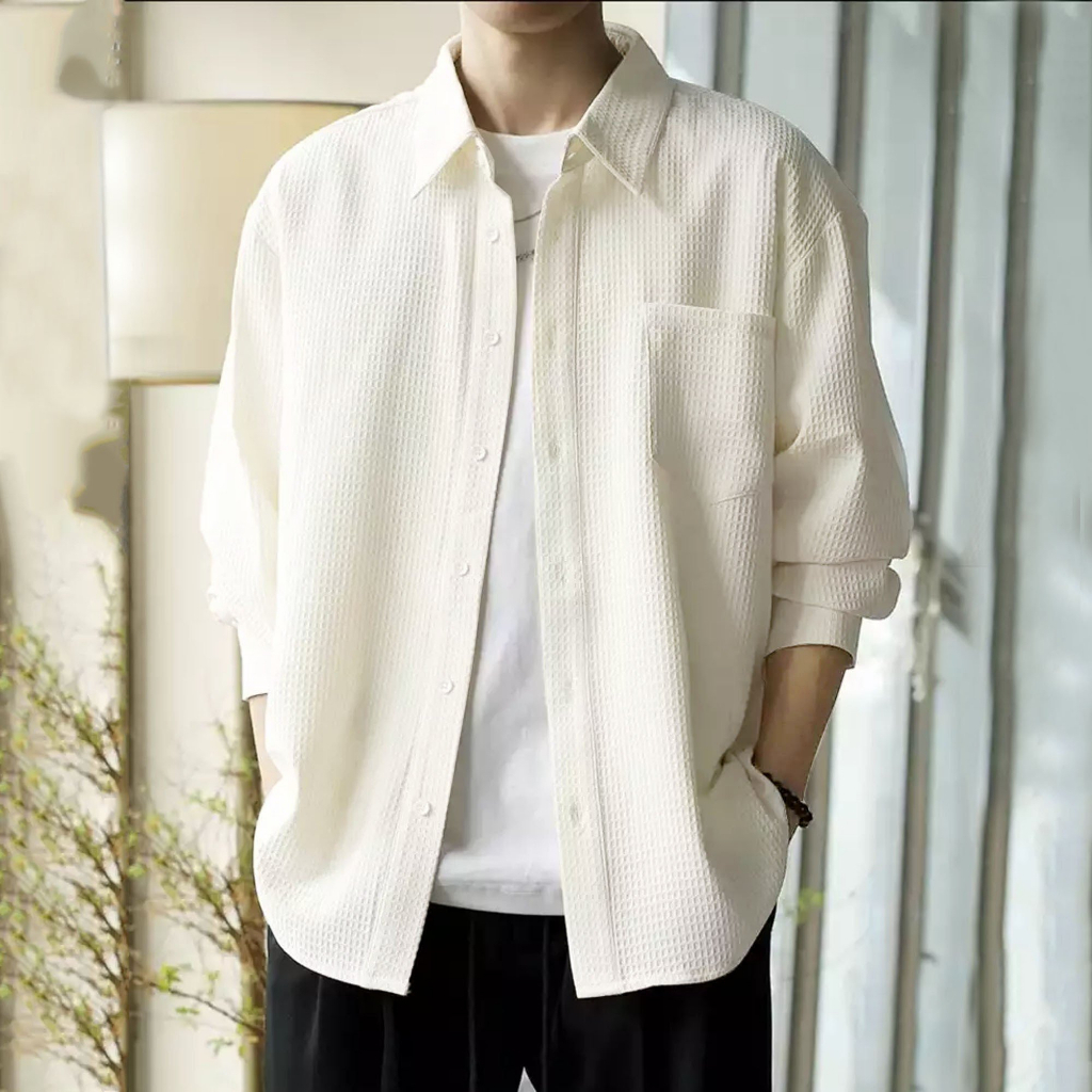 Áo sơ mi nam, áo sơ mi tổ ong dài tay Novanym vải cotton tổ ong phong cách Hàn Quốc