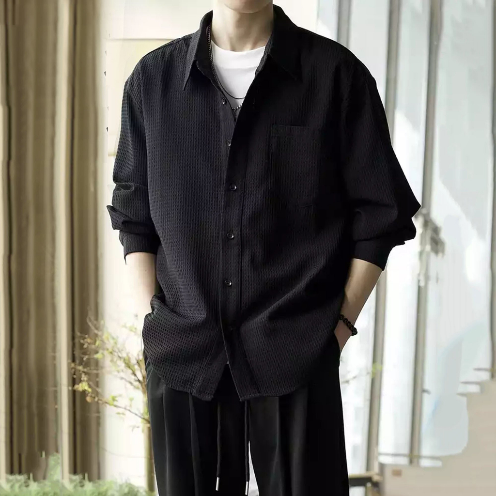 Áo sơ mi nam, áo sơ mi tổ ong dài tay Novanym vải cotton tổ ong phong cách Hàn Quốc