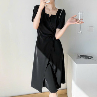 đầm nữ đi tiệc chất cotton lạnh mịn cổ vuông xẻ đính cườm váy chéo lai tà ngang gối màu đen