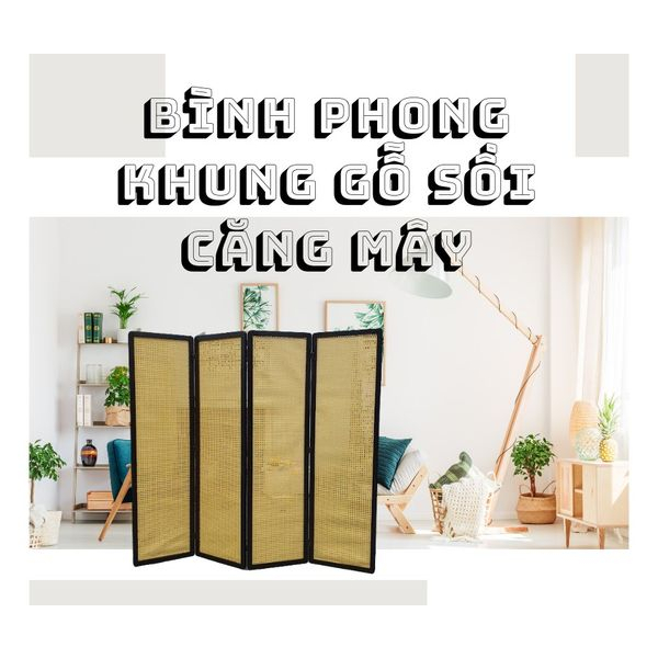 Bình Phong vách ngăng khung gỗ căng mây nhựa