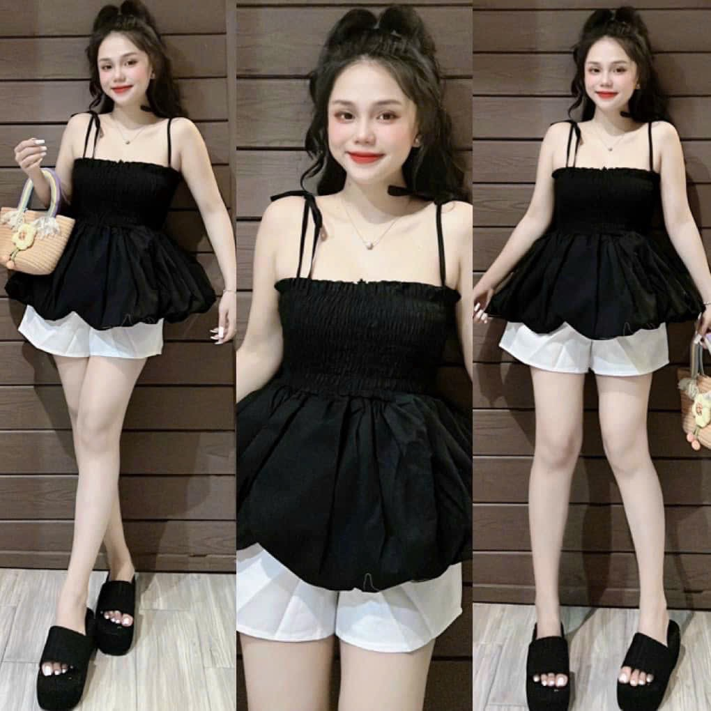 Set hai dây cho nữ mặc nhà, mặc đi chơi, áo hai dây may mocking form bí, quần short dễ thương