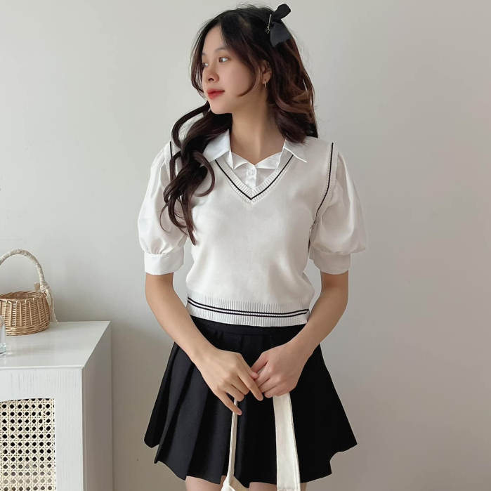 Set Gile Kèm Áo Sơ Mi Liền Dáng Croptop TITTO CLOSET