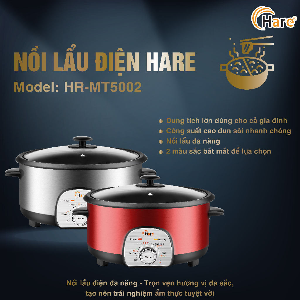Nồi lẩu điện đa năng HR-MT5002  - thương hiệu Hare - bảo hành 12 tháng