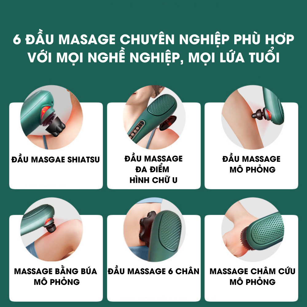 Máy massage cổ vai gáy, toàn thân cầm tay, mát xa chuyên sâu giảm đau, giảm căng thẳng mệt mỏi tặng kèm 6 đầu massage