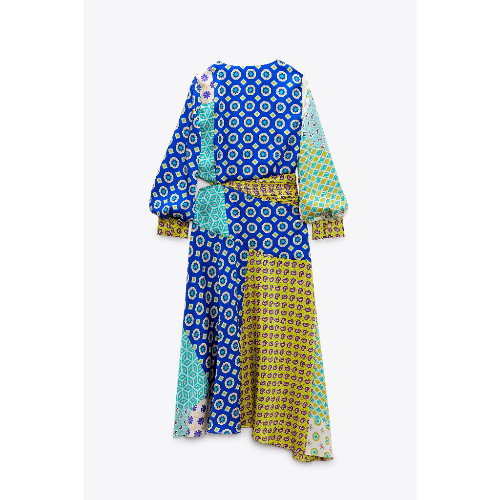 ZARA Đức - Đầm midi dài patchwork in họa tiết cổ V dài tay chiết eo khoét eo gấu lệch sale auth new cao cấp sẵn 3164/229