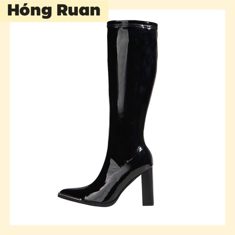 giày bốt nữ boot đùi da bóng cao cổ cao gót 7 phân siêu chất