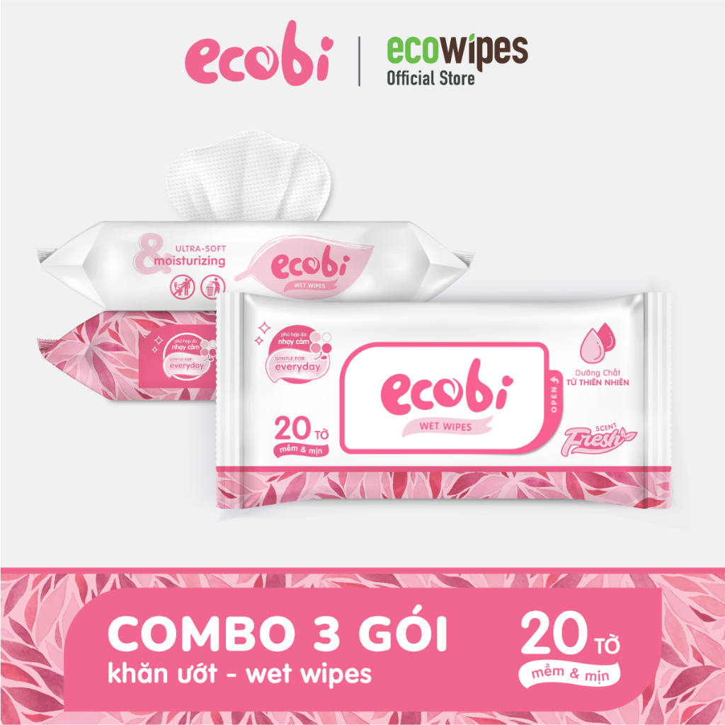 Combo 03 gói khăn ướt cho bé Ecobi gói 20 tờ hương dịu nhẹ an toàn cho làn da nhạy cảm của bé