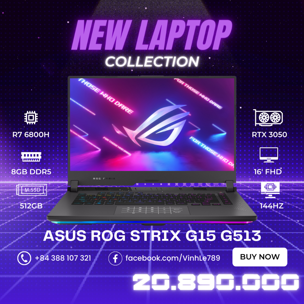 Laptop ASUS ROG STRIX G15 2022 G513RC-HN038W (r7-6800H/ RTX3050/ Ram 8GB/ SSD 512GB/ 15.6' FHD 144Hz)