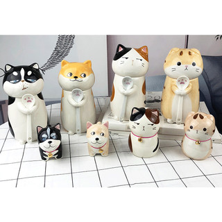 Ly cốc sứ hình Mèo/Chó Shiba cầm muỗng dễ thương