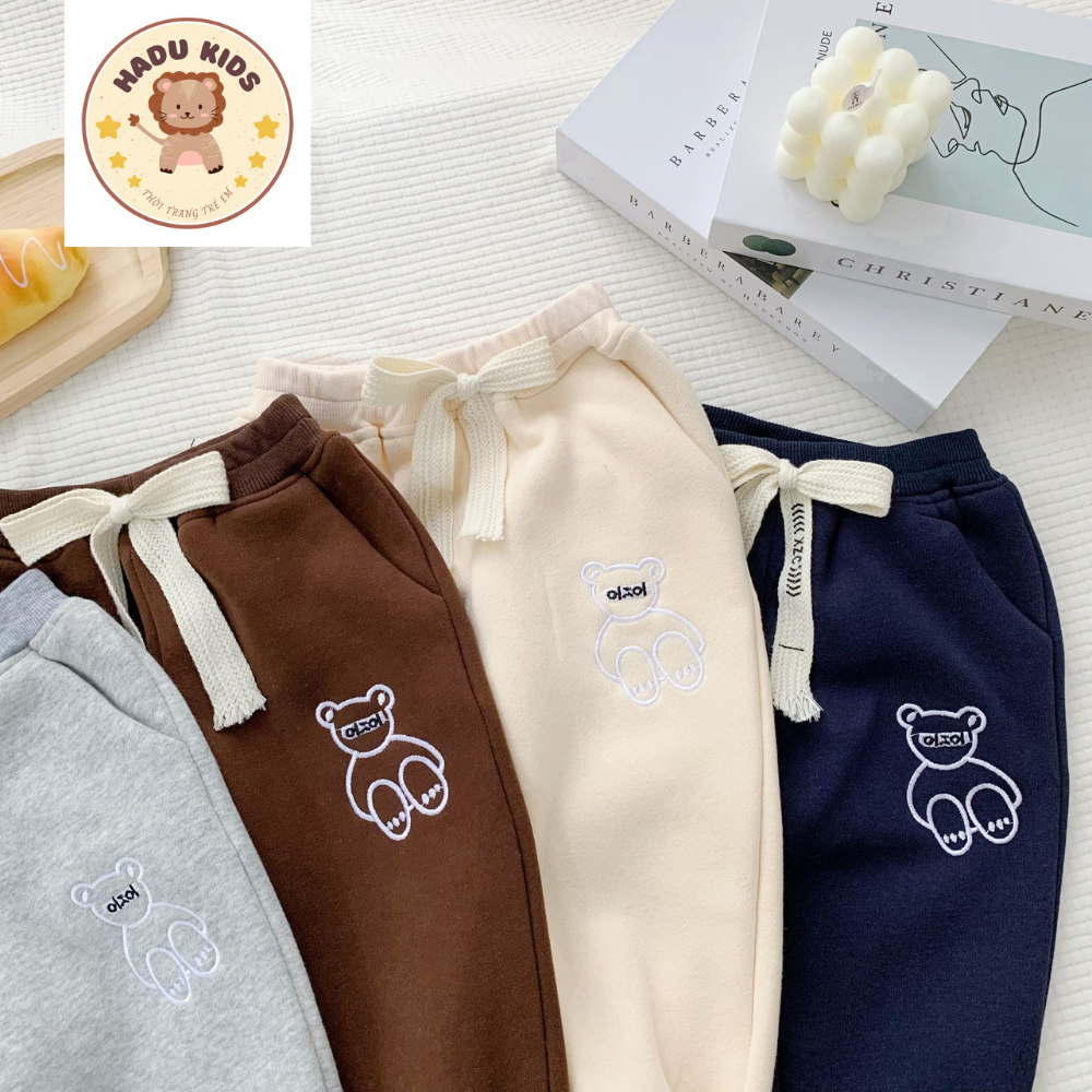 Quần dài cho bé, quần nỉ bông bé trai bé gái THÊU GẤU chất nỉ bông đẹp, đường may xịn - HADU KIDS 11-27kg