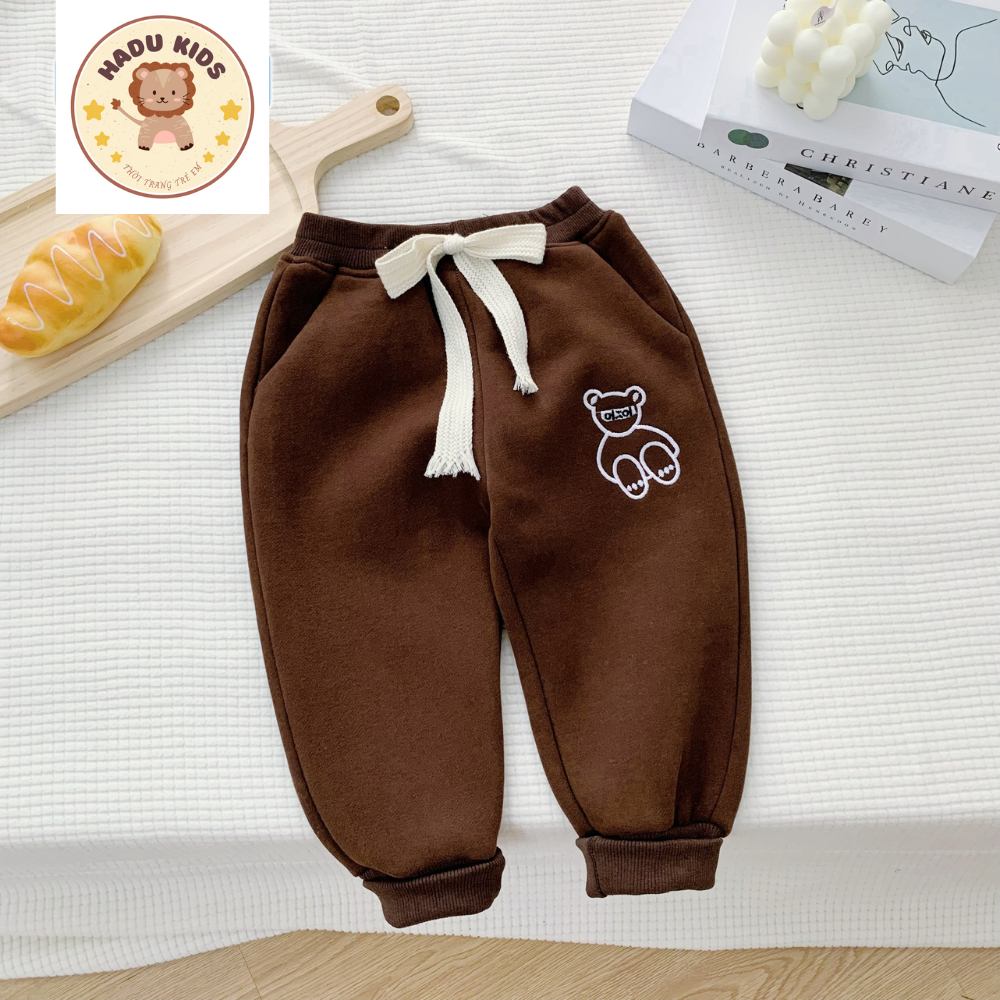 Quần dài cho bé, quần nỉ bông bé trai bé gái THÊU GẤU chất nỉ bông đẹp, đường may xịn - HADU KIDS 11-27kg