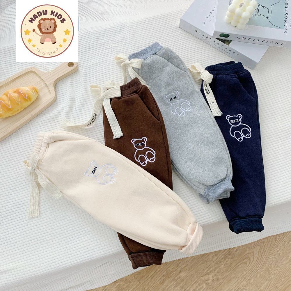 Quần dài cho bé, quần nỉ bông bé trai bé gái THÊU GẤU chất nỉ bông đẹp, đường may xịn - HADU KIDS 11-27kg