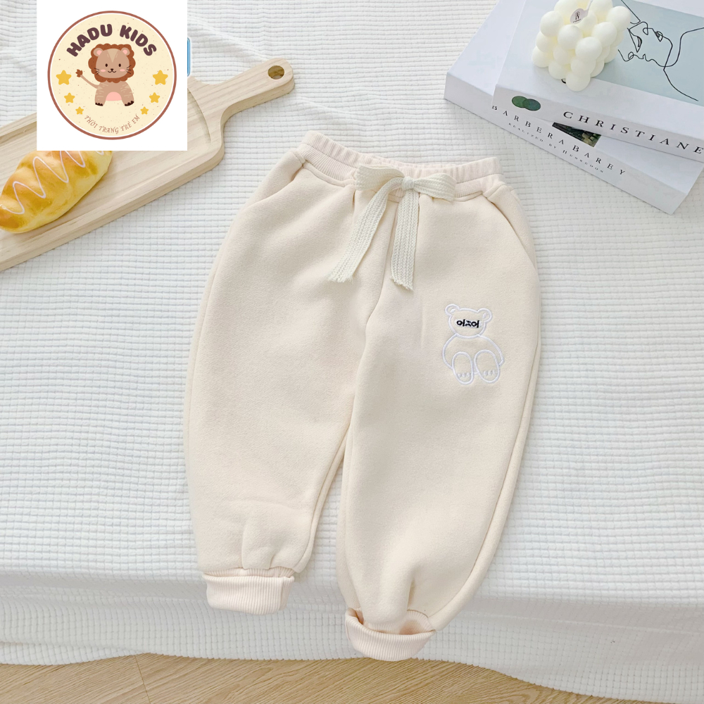 Quần dài cho bé, quần nỉ bông bé trai bé gái THÊU GẤU chất nỉ bông đẹp, đường may xịn - HADU KIDS 11-27kg