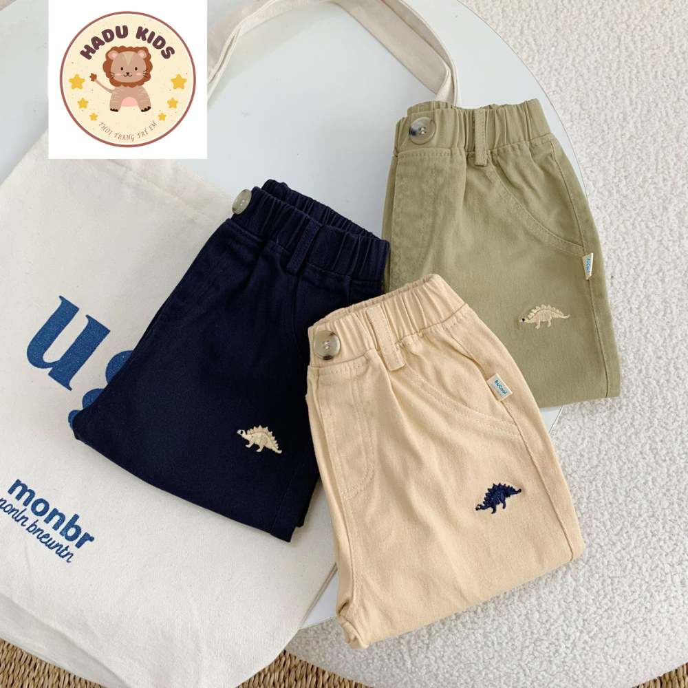 Quần kaki bé trai, quần dài bé trai bé gái chất kaki THÊU KHỦNG LONG cạp chun, đường may đẹp - HADU KIDS 11-27kg