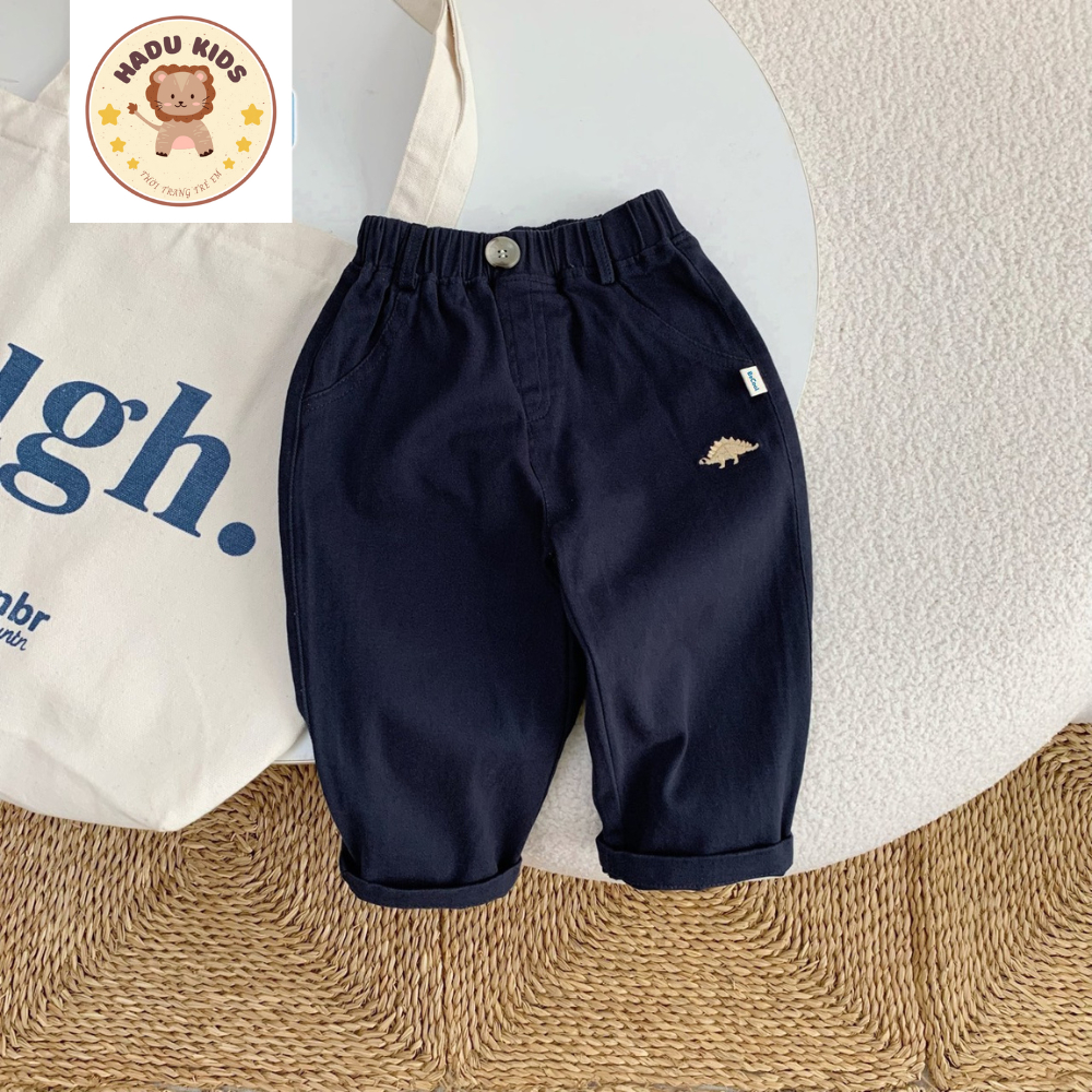 Quần kaki bé trai, quần dài bé trai bé gái chất kaki THÊU KHỦNG LONG cạp chun, đường may đẹp - HADU KIDS 11-27kg