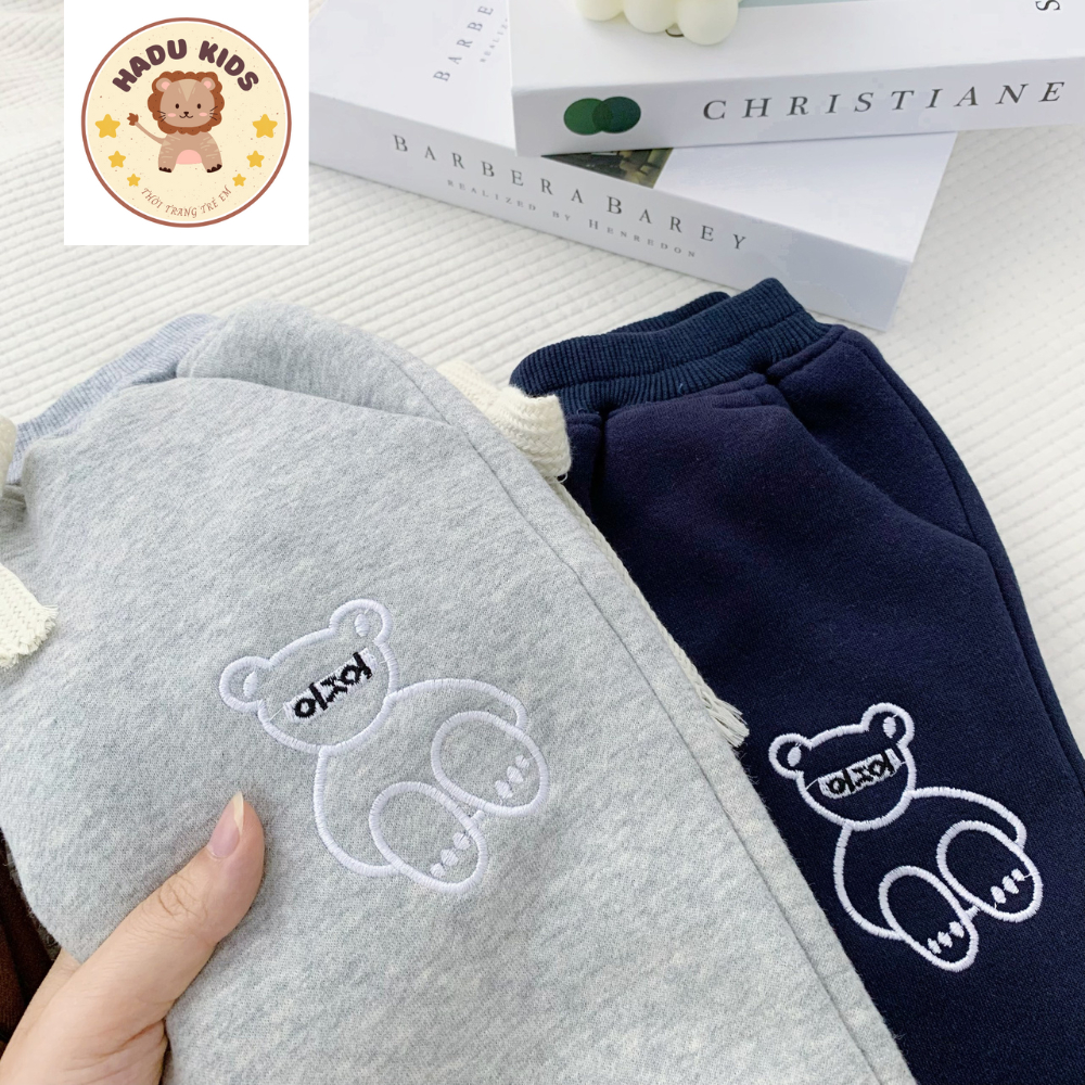 Quần dài cho bé, quần nỉ bông bé trai bé gái THÊU GẤU chất nỉ bông đẹp, đường may xịn - HADU KIDS 11-27kg