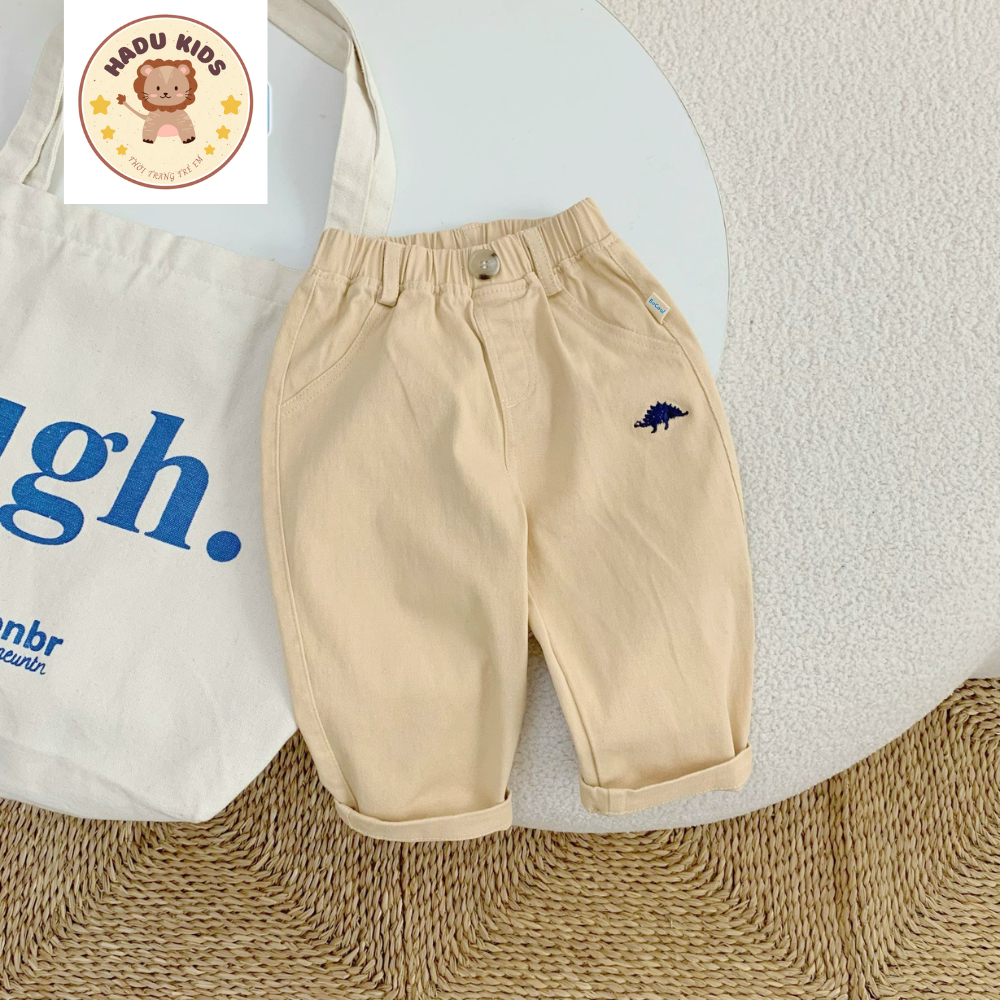 Quần kaki bé trai, quần dài bé trai bé gái chất kaki THÊU KHỦNG LONG cạp chun, đường may đẹp - HADU KIDS 11-27kg