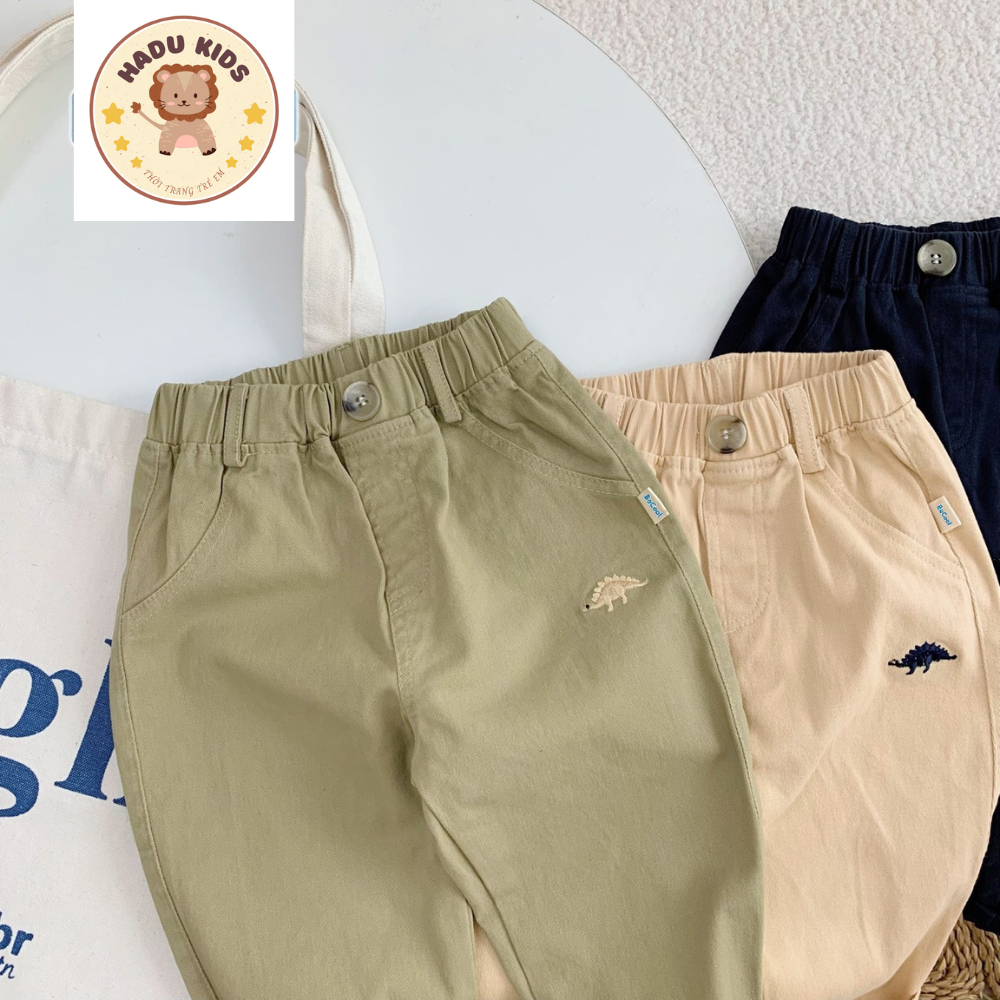 Quần kaki bé trai, quần dài bé trai bé gái chất kaki THÊU KHỦNG LONG cạp chun, đường may đẹp - HADU KIDS 11-27kg