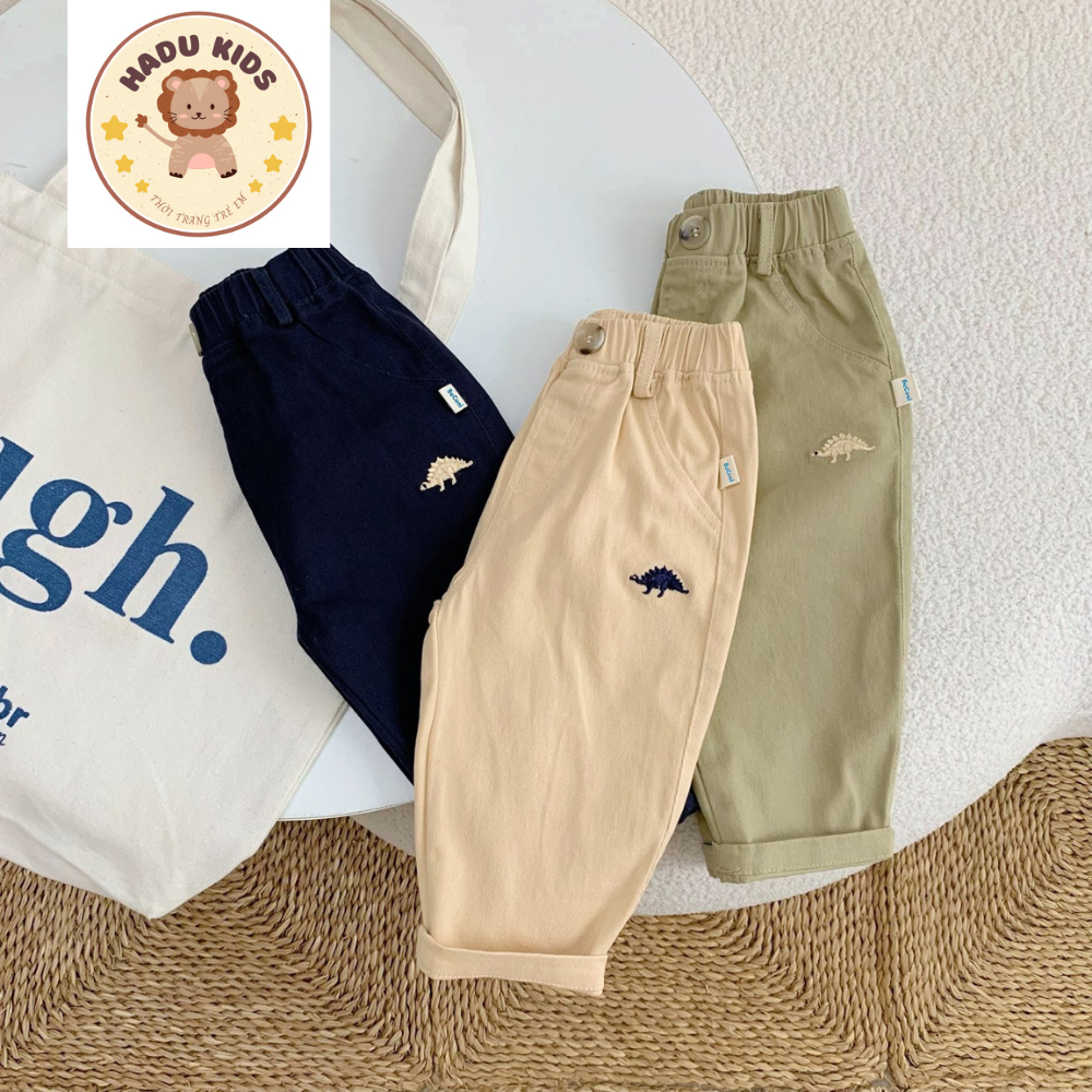 Quần kaki bé trai, quần dài bé trai bé gái chất kaki THÊU KHỦNG LONG cạp chun, đường may đẹp - HADU KIDS 11-27kg