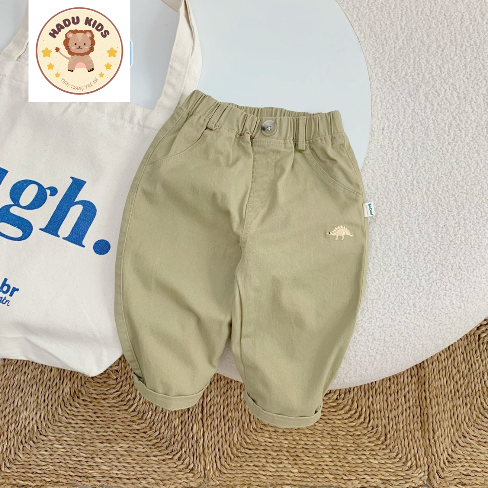 Quần kaki bé trai, quần dài bé trai bé gái chất kaki THÊU KHỦNG LONG cạp chun, đường may đẹp - HADU KIDS 11-27kg