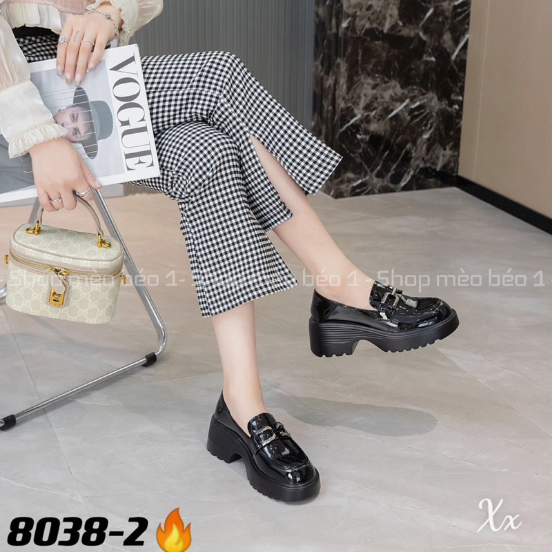 Giày moca đai xích đen khoá ngang đế răng cưa cao fullbox hàng quảng châu cao cấp