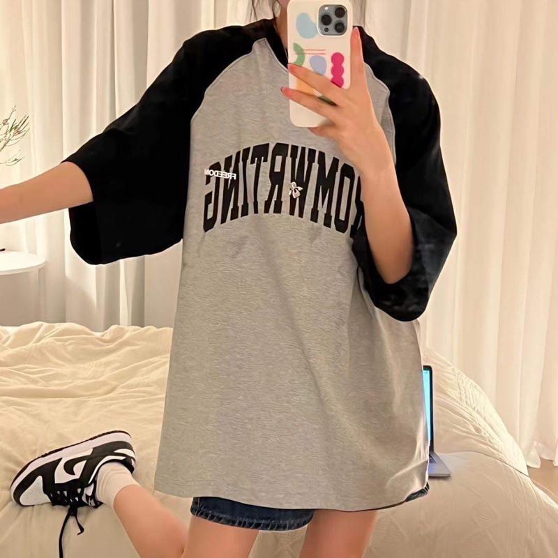 Áo Baby tee tay phối thân xám Form Rộng tay lỡ chất cotton siêu mát