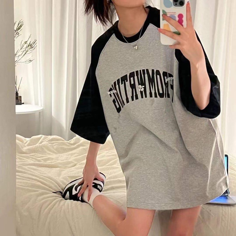 Áo Baby tee tay phối thân xám Form Rộng tay lỡ chất cotton siêu mát