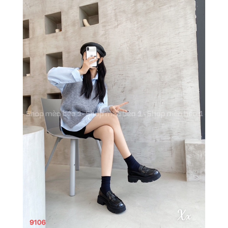 Giày moca đai miu ngang da lì đế răng cưa cao fullbox hàng quảng châu cao cấp