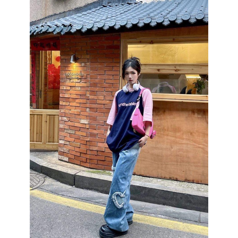 Áo Baby tee phối tay Hồng tay lỡ form rộng chất cotton phong cách Ulzzang