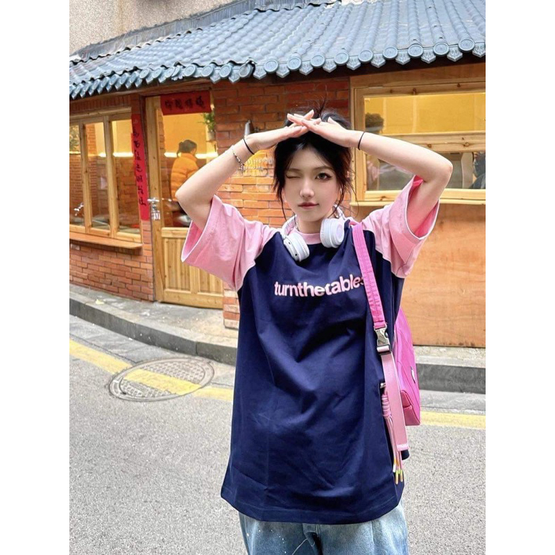 Áo Baby tee phối tay Hồng tay lỡ form rộng chất cotton phong cách Ulzzang