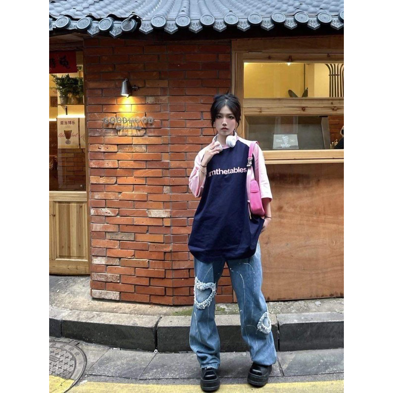 Áo Baby tee phối tay Hồng tay lỡ form rộng chất cotton phong cách Ulzzang