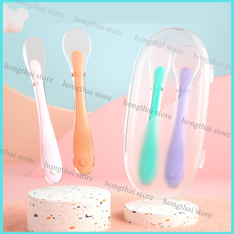 Thìa ăn dặm cho bé bằng Silicon cao cấp, Bộ 2 thìa tập ăn dặm Silicon siêu mềm an toàn cho bé tập ăn kèm hộp đựng