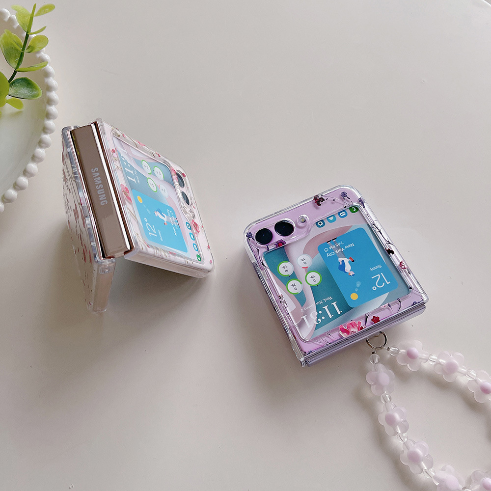Ốp lưng Olie PC cho Samsung Z Flip 5 Z Flip 4 Zflip3 ốp có dây khóa họa tiêt Flower Zflip5 Zflip4 Zflip3