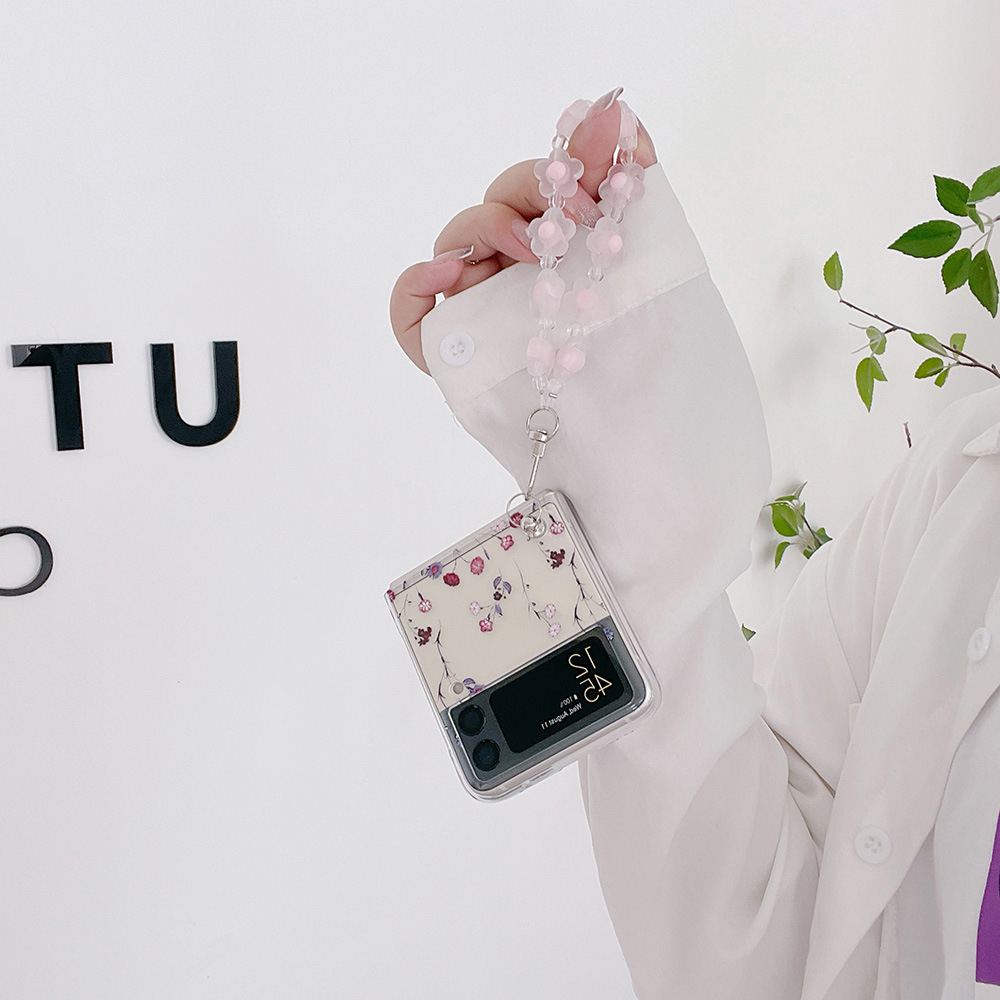 Ốp lưng Olie PC cho Samsung Z Flip 5 Z Flip 4 Zflip3 ốp có dây khóa họa tiêt Flower Zflip5 Zflip4 Zflip3