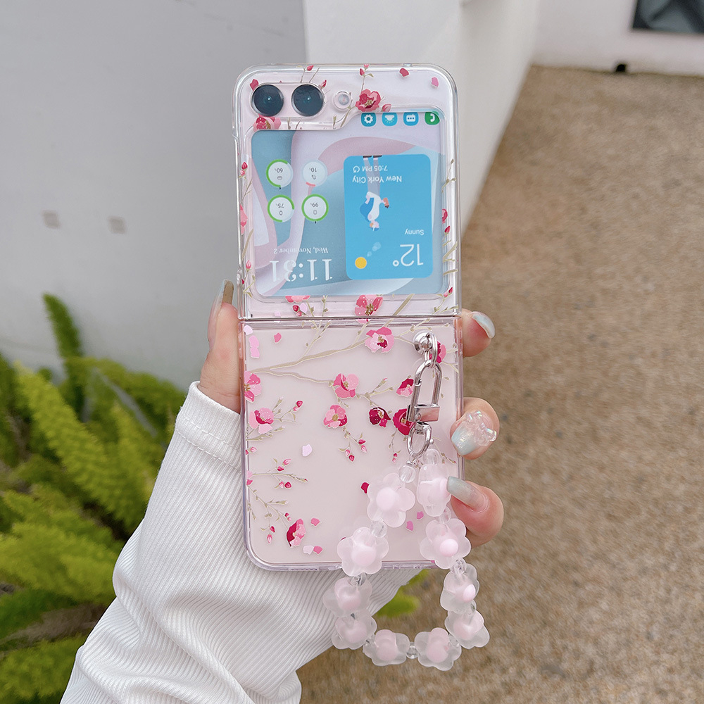 Ốp lưng Olie PC cho Samsung Z Flip 5 Z Flip 4 Zflip3 ốp có dây khóa họa tiêt Flower Zflip5 Zflip4 Zflip3