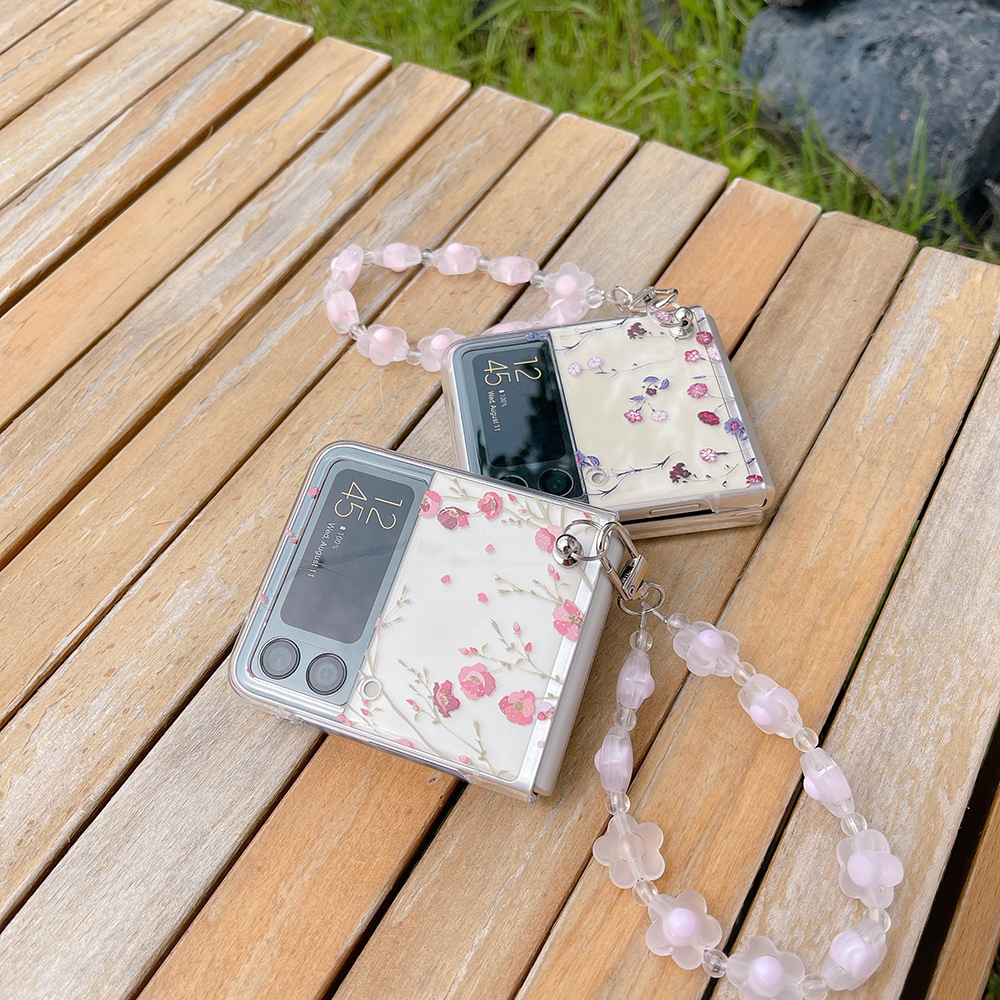 Ốp lưng Olie PC cho Samsung Z Flip 5 Z Flip 4 Zflip3 ốp có dây khóa họa tiêt Flower Zflip5 Zflip4 Zflip3