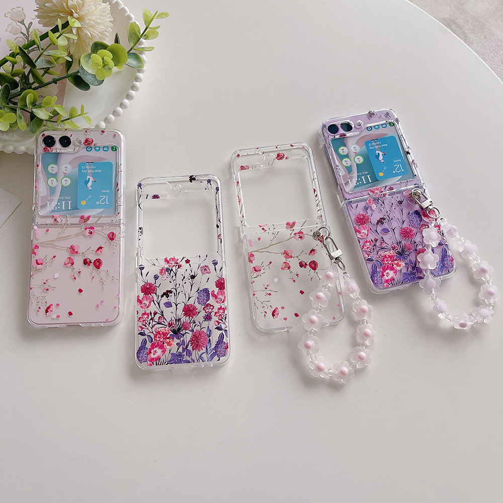 Ốp lưng Olie PC cho Samsung Z Flip 5 Z Flip 4 Zflip3 ốp có dây khóa họa tiêt Flower Zflip5 Zflip4 Zflip3