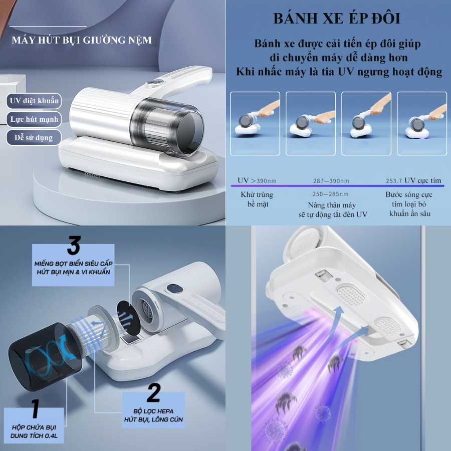 Máy hút bụi ga giường không dây lực hút siêu mạnh có tia UV khử khuẩn, máy hút bụi cầm tay chính hãng