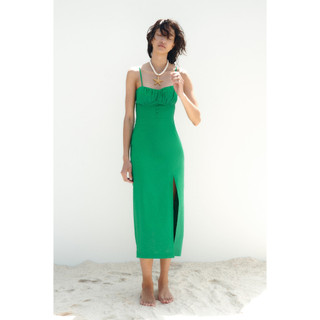 ZARA Đức - Đầm body dài midi hai dây cúp ngực pha lanh linen đũi xẻ tà hở lưng đan chéo xanh lá sale auth new 8372/079